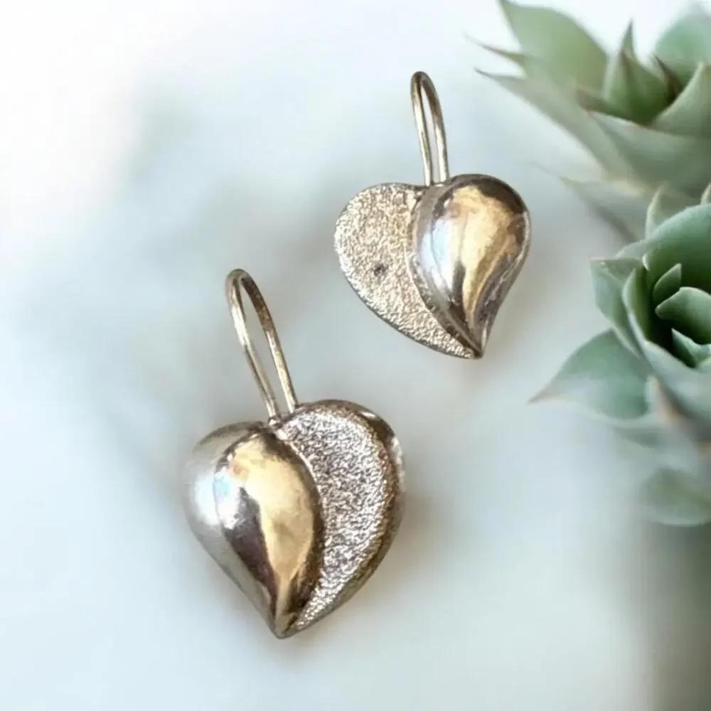 Vintage Sterling Silver Puffy Heart Drop Earrings - Thailand